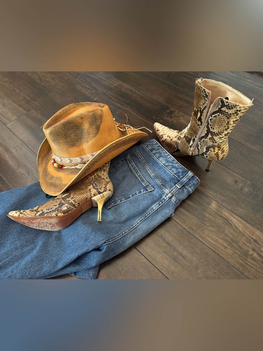Western boots Snake Print Pointed Toe Stiletto Boots in Beige and Brown